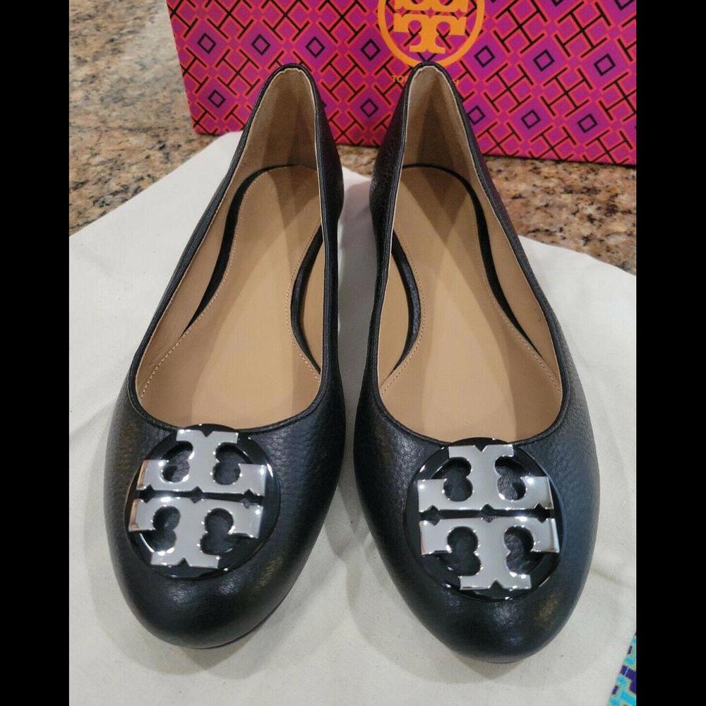 TORY BURCH Silver Logo Claire Black TUMBLED LEATHER BALLET Flat Womens Shoe 10.5 - Picture 2 of 12
